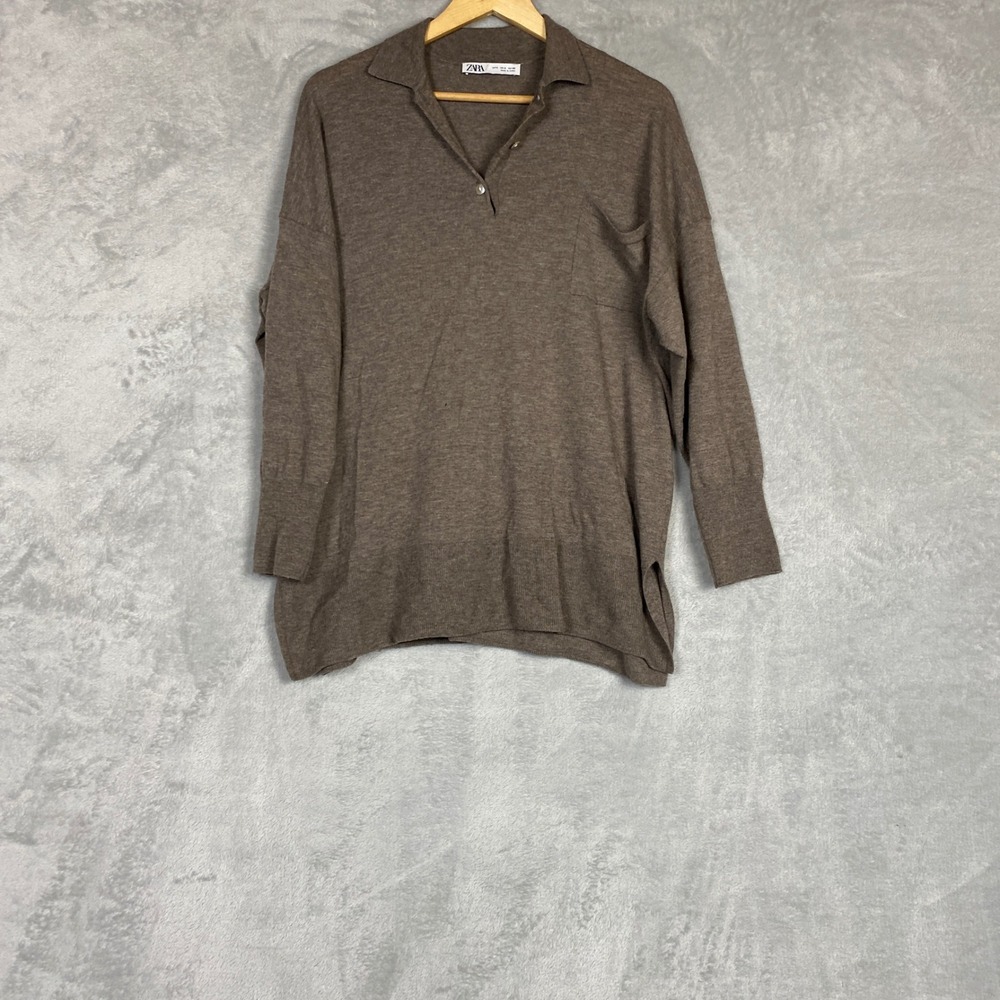 Zara Knit Polo Sweater Womens Small Taupe Brown Oversized Long Sleeve Collared